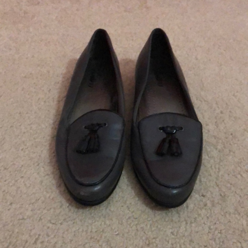 Gray leather loafers